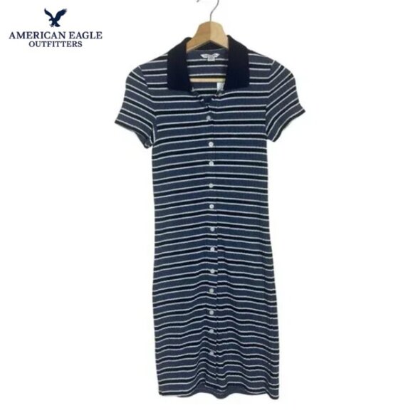 American Eagle Woman's‎ Size S Ribbed Collar Dress Navy Stripes Y2K Midi - Picture 1 of 10